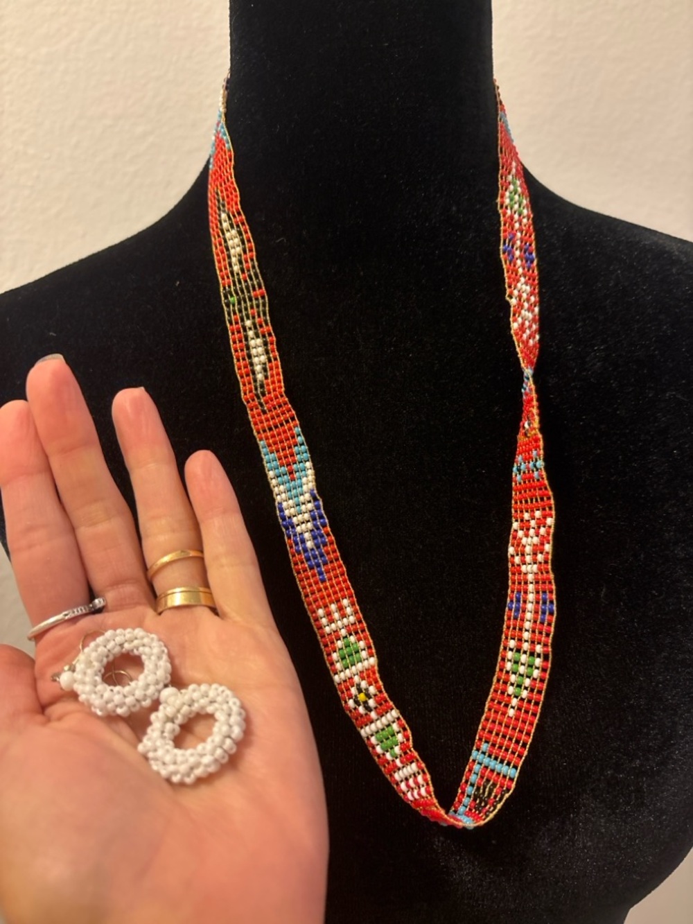 Handmade Red Beaded Necklace and White Bead Earrings Set